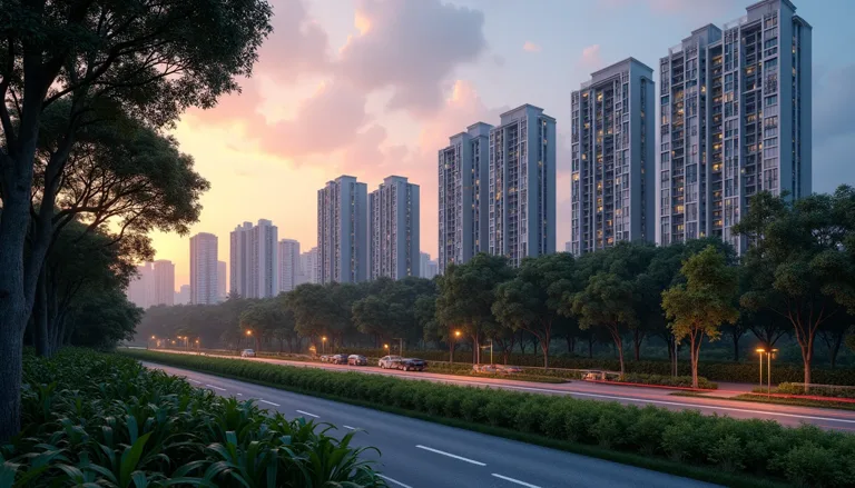 Illustration of a Singapore city skyline with residential condominium towers at dusk