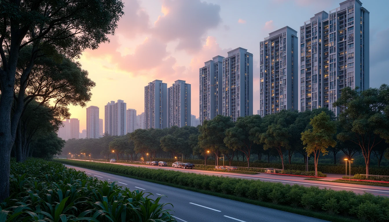 Illustration of a Singapore city skyline with residential condominium towers at dusk