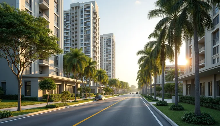 Editorial illustration of a leafy Singapore residential street with freehold condominium towers beside a low-rise school building, tropical rain trees and morning light, no people