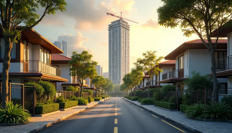 Illustration of a leafy Singapore residential street with low-rise apartment blocks and a modern condominium tower in the distance
