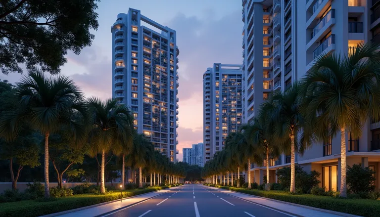 Illustrated skyline of Singapore residential towers and tree-lined streets at dusk