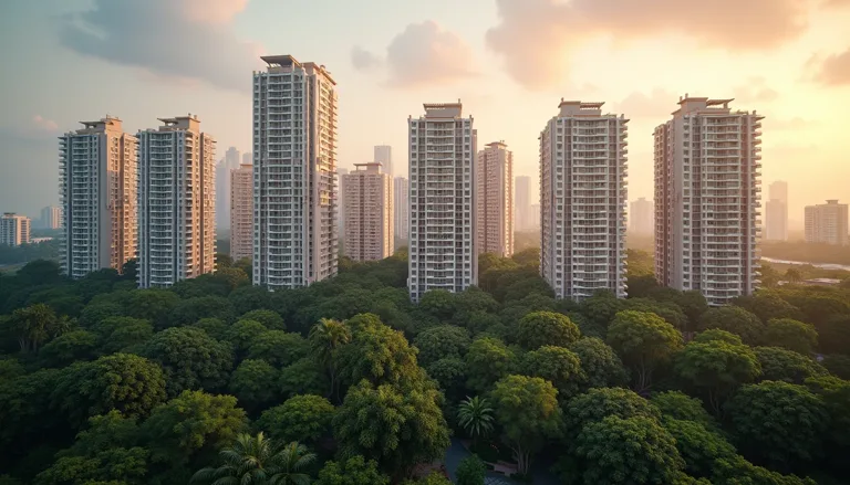 Illustration of a modern high-rise residential condominium cluster with tropical greenery at dusk in Singapore