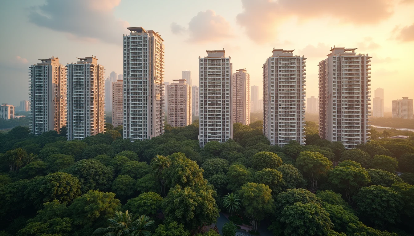 Illustration of a modern high-rise residential condominium cluster with tropical greenery at dusk in Singapore