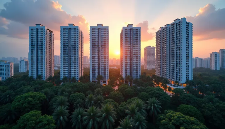 Illustration of a modern Singapore residential skyline at dusk with tall condominium towers and tropical greenery