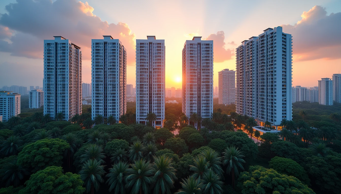 Illustration of a modern Singapore residential skyline at dusk with tall condominium towers and tropical greenery
